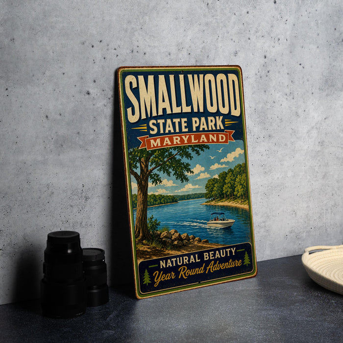 A vintage-style metal sign for Smallwood State Park, Maryland, featuring a scenic landscape with a lake, trees, and a boat.