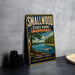 A vintage-style metal sign for Smallwood State Park, Maryland, featuring a scenic landscape with a lake, trees, and a boat.
