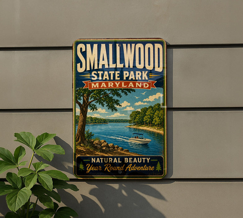 A vintage-style metal sign for Smallwood State Park, Maryland, featuring a scenic image of a lake and boats.