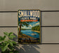 A vintage-style metal sign for Smallwood State Park, Maryland, featuring a scenic image of a lake and boats.