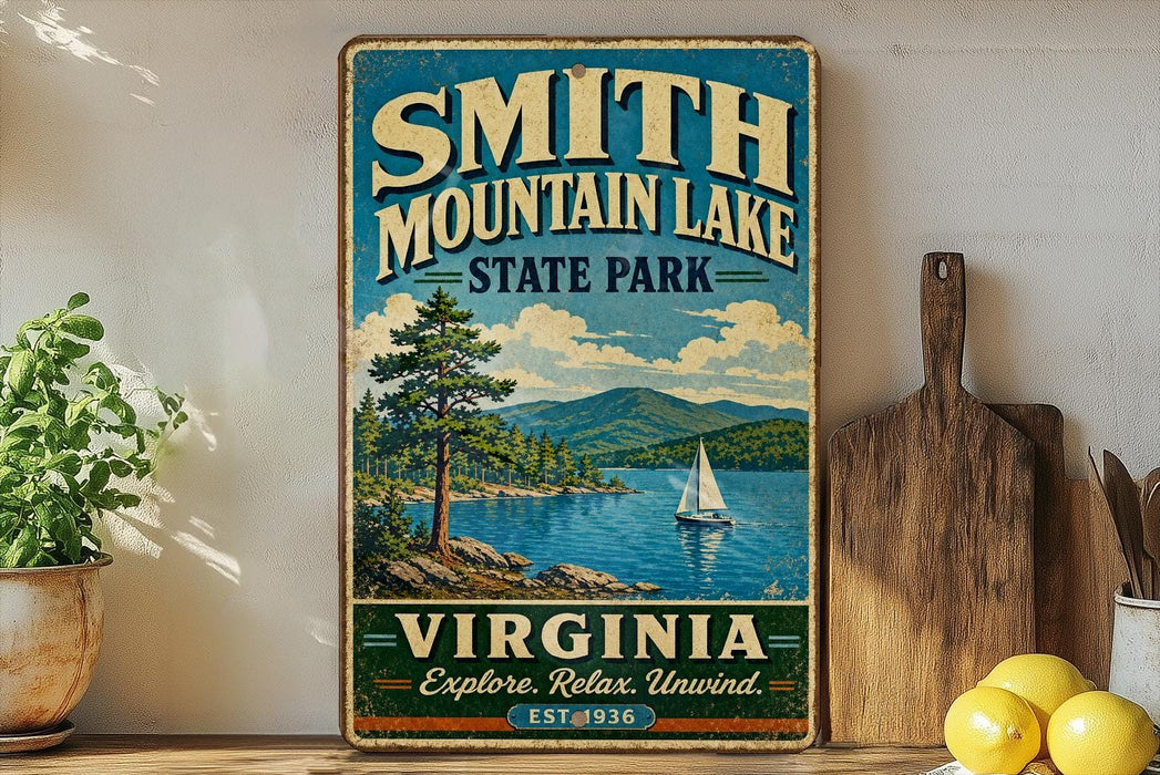 A vintage-style sign for Smith Mountain Lake State Park in Virginia, featuring a scenic illustration of a lake, mountains, and a sailboat.