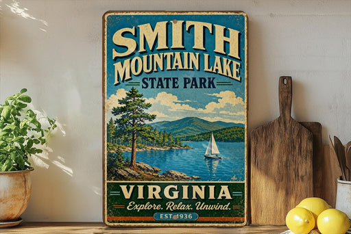 A vintage-style sign for Smith Mountain Lake State Park in Virginia, featuring a scenic illustration of a lake, mountains, and a sailboat.