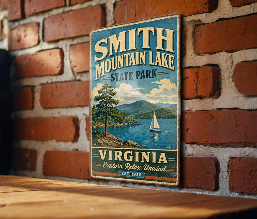 A vintage-style metal sign for Smith Mountain Lake State Park in Virginia, featuring a scenic image of a lake with a sailboat and mountains in the background.