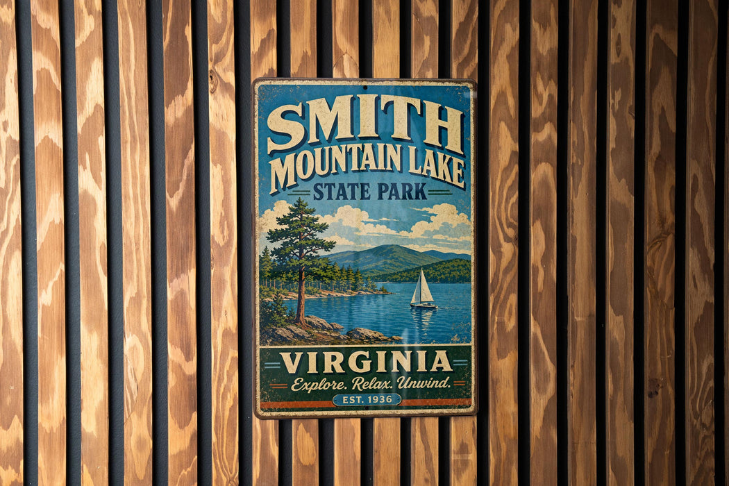 A vintage metal sign for Smith Mountain Lake State Park in Virginia, featuring a scenic landscape with a sailboat on the lake.