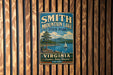 A vintage metal sign for Smith Mountain Lake State Park in Virginia, featuring a scenic landscape with a sailboat on the lake.