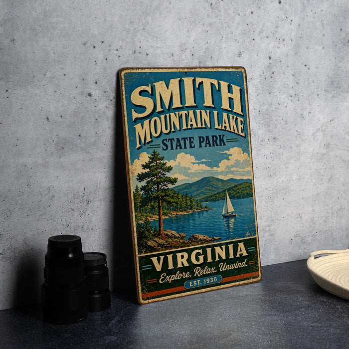 A vintage-style metal sign for Smith Mountain Lake State Park in Virginia, featuring a scenic illustration of a lake, mountains, and a sailboat.