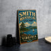 A vintage-style metal sign for Smith Mountain Lake State Park in Virginia, featuring a scenic illustration of a lake, mountains, and a sailboat.