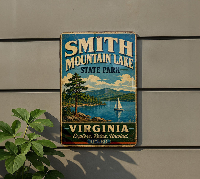A vintage-style metal sign for Smith Mountain Lake State Park in Virginia, featuring a scenic landscape with a sailboat on the lake.