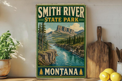 A vintage-style sign for Smith River State Park in Montana, featuring a scenic mountain landscape with a river flowing through it.