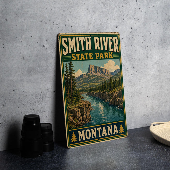 A vintage-style metal sign for Smith River State Park in Montana, featuring a scenic landscape with a river, mountains, and pine trees.
