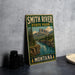 A vintage-style metal sign for Smith River State Park in Montana, featuring a scenic landscape with a river, mountains, and pine trees.