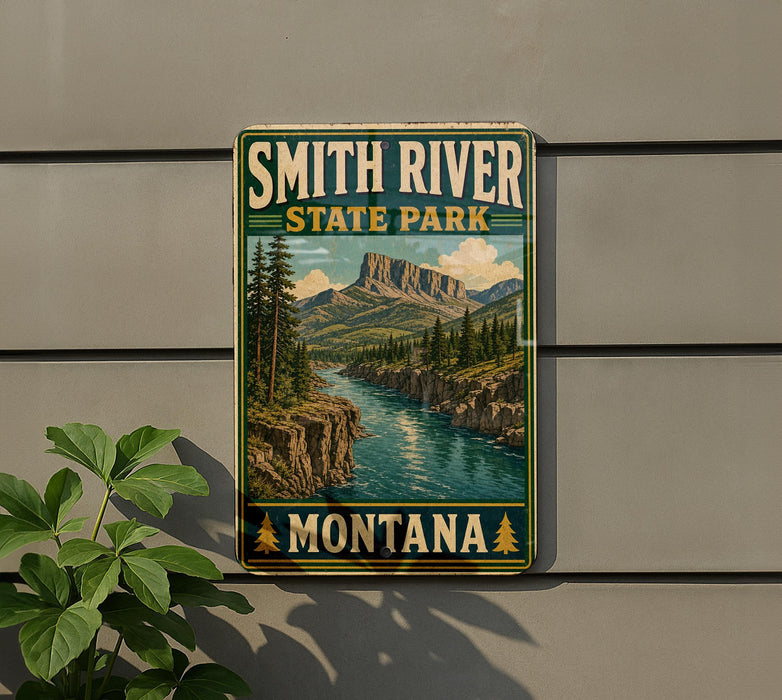 A vintage-style metal sign for Smith River State Park in Montana, featuring a scenic mountain landscape with a river flowing through it.