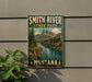 A vintage-style metal sign for Smith River State Park in Montana, featuring a scenic mountain landscape with a river flowing through it.