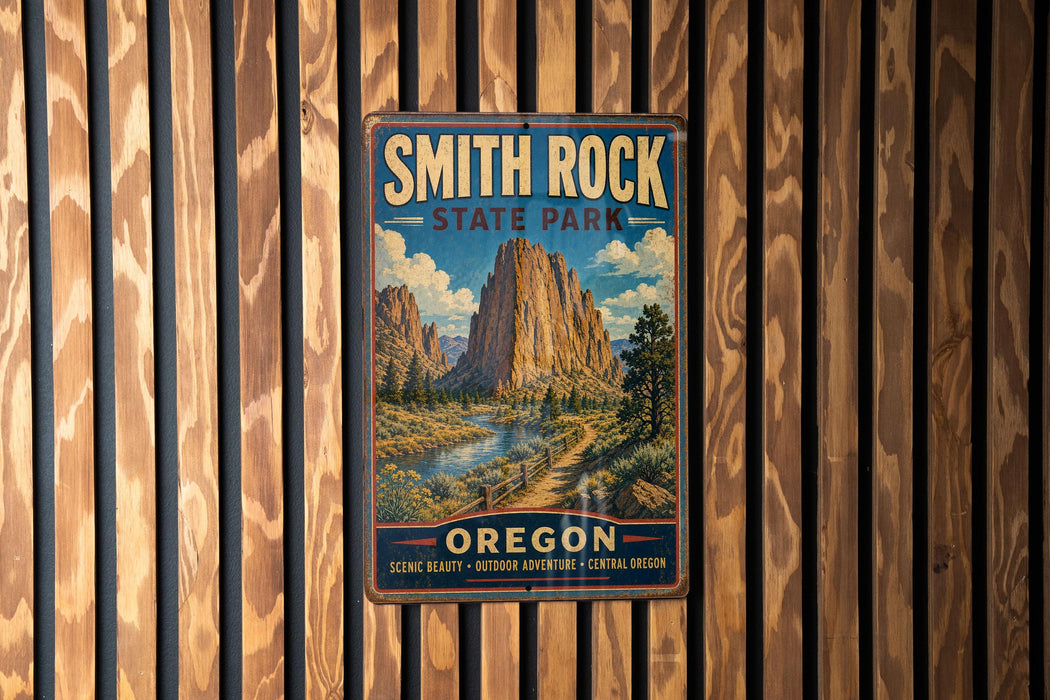 A vintage metal sign for Smith Rock State Park in Oregon, featuring a scenic mountain landscape.