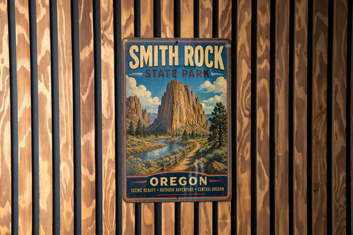 A vintage metal sign for Smith Rock State Park in Oregon, featuring a scenic mountain landscape.