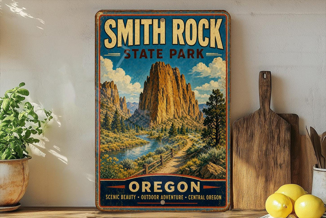 A vintage-style metal sign for Smith Rock State Park in Oregon, featuring a scenic mountain landscape with a winding path and a river.