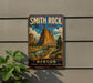 A vintage-style metal sign for Smith Rock State Park in Oregon, featuring a scenic landscape with mountains, a river, and lush greenery.