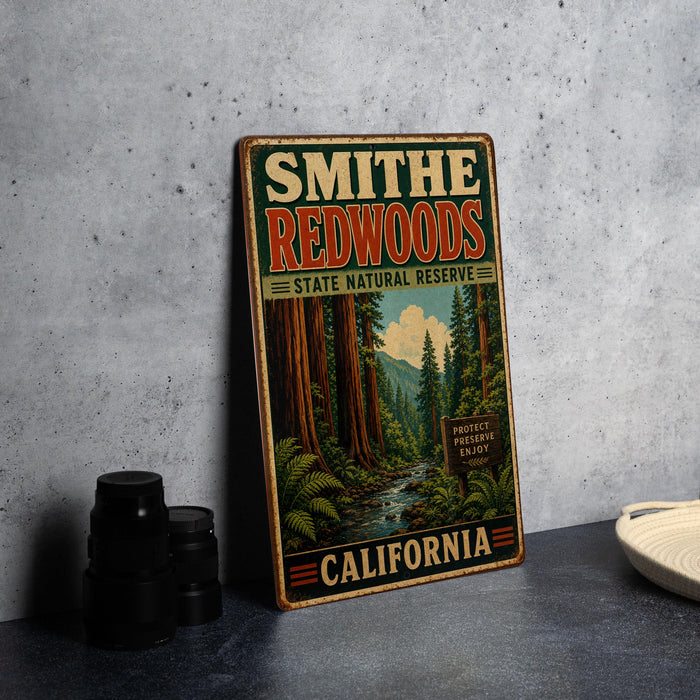 A vintage-style metal sign for the Smithe Redwoods State Natural Reserve in California, featuring a scenic image of the redwood forest.