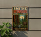 A vintage-style metal sign for Smithe Redwoods State Natural Reserve in California, featuring a scenic image of the redwood forest and a river.