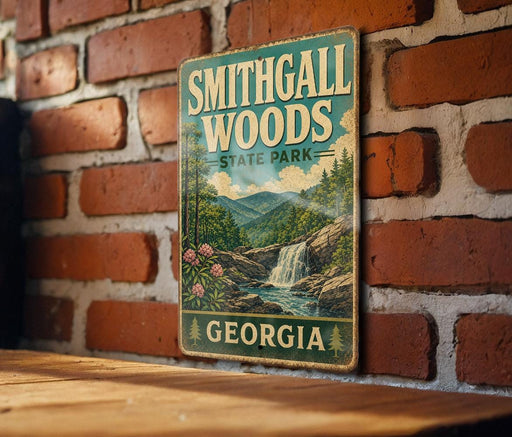 A vintage-style metal sign for Smithgall Woods State Park in Georgia, featuring a scenic illustration of the park's natural landscape.