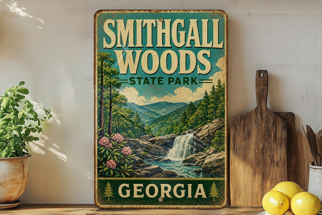A vintage-style metal sign for Smithgall Woods State Park in Georgia, featuring a scenic landscape with a waterfall and pine trees.