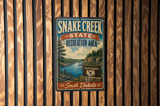 A vintage-style metal sign for Snake Creek State Recreation Area in South Dakota, featuring a scenic landscape with a river, mountains, and pine trees.