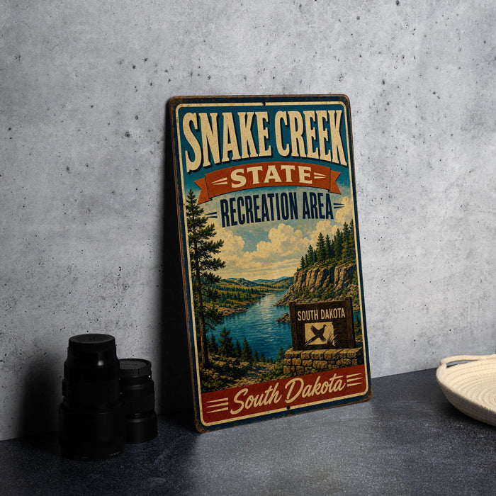 A vintage-style sign for Snake Creek State Recreation Area in South Dakota, featuring a scenic landscape with a river and pine trees.