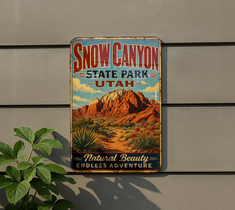 A vintage-style sign for Snow Canyon State Park in Utah, featuring a desert landscape with mountains and desert plants.