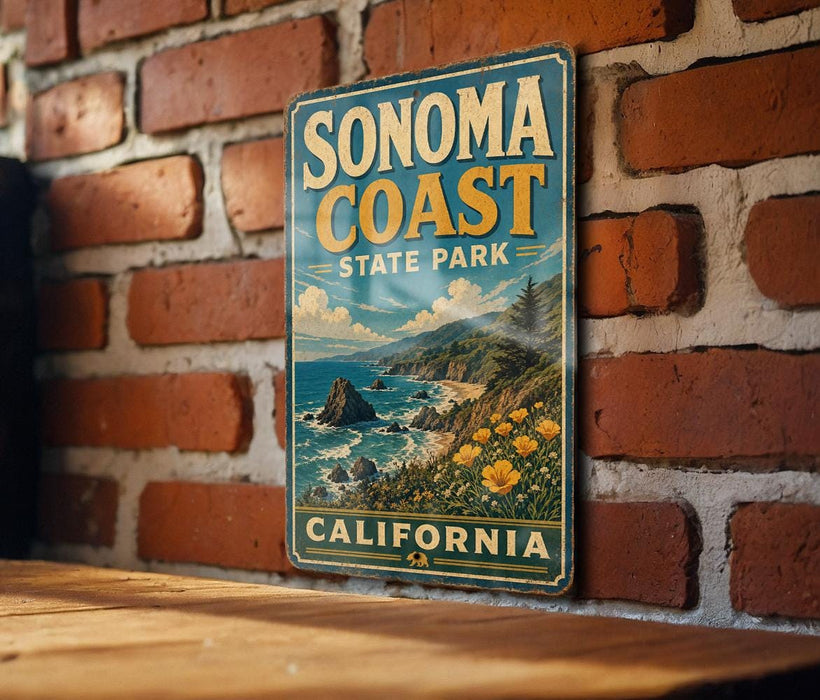 A vintage-style metal sign for Sonoma Coast State Park in California, featuring a scenic coastal landscape with mountains, ocean, and flowers.
