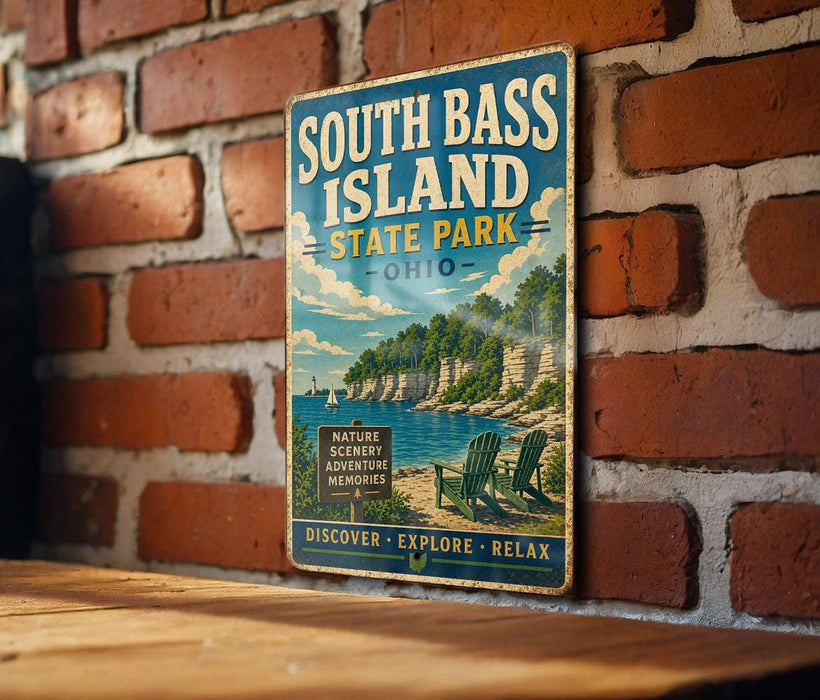 A vintage-style metal sign for South Bass Island State Park in Ohio, featuring a scenic illustration of a beach and lake with a lighthouse.
