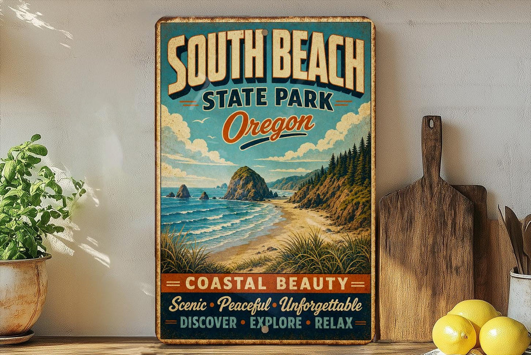 a vintage-style sign for South Beach State Park in Oregon, with a coastal landscape and beach scene depicted on it.