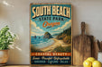 a vintage-style sign for South Beach State Park in Oregon, with a coastal landscape and beach scene depicted on it.