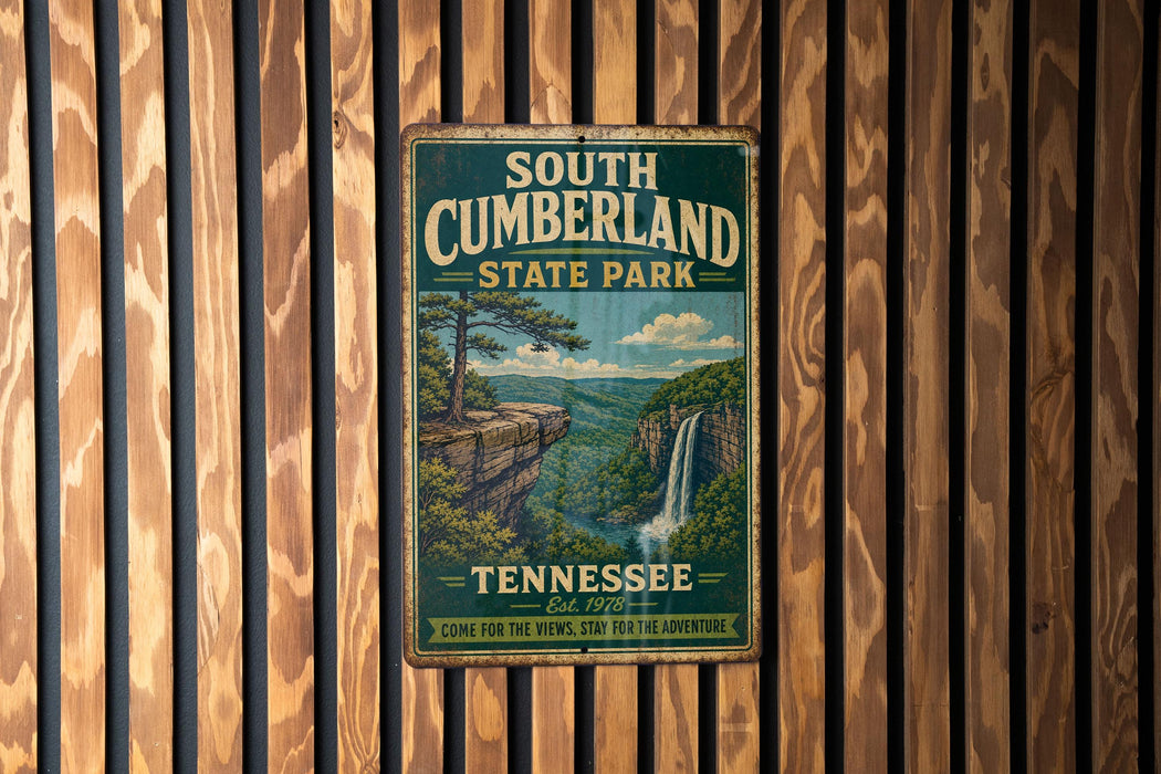 A vintage metal sign for South Cumberland State Park in Tennessee, featuring a scenic landscape with a waterfall and pine trees.