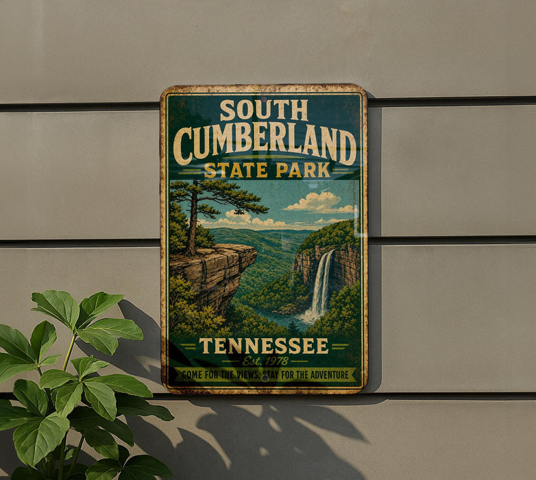 A vintage-style metal sign for South Cumberland State Park in Tennessee, featuring a scenic landscape with a waterfall and a cliff.