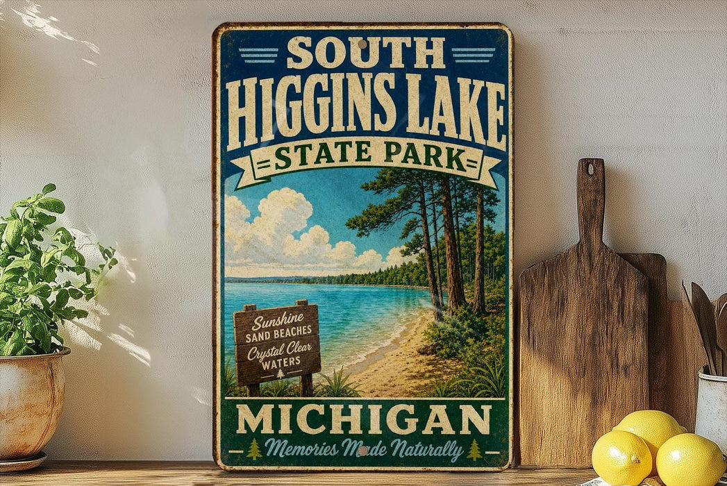 A vintage-style sign for South Higgins Lake State Park in Michigan, featuring a scenic beach and lake landscape.