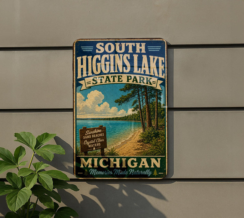 A vintage metal sign for South Higgins Lake State Park in Michigan, featuring a scenic beach and lake landscape.