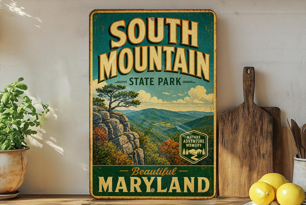 A vintage-style metal sign for South Mountain State Park in Maryland, featuring a scenic mountain landscape with a pine tree and a wooden cutting board.