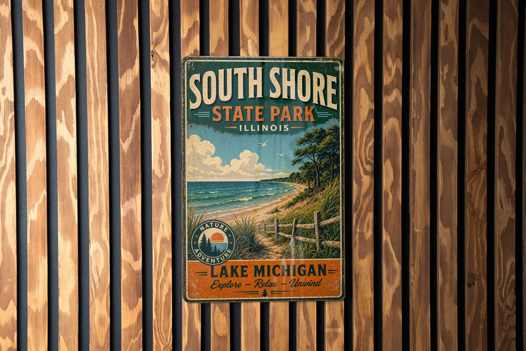 A vintage metal sign for South Shore State Park in Illinois, featuring a scenic beach landscape with a wooden fence and a bird in flight.