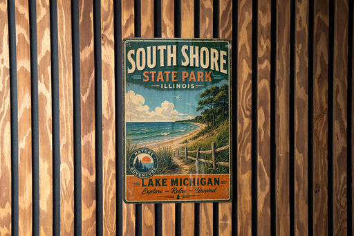 A vintage metal sign for South Shore State Park in Illinois, featuring a scenic beach landscape with a wooden fence and a bird in flight.