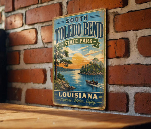 A vintage metal sign for South Toledo Bend State Park in Louisiana, featuring a scenic illustration of a lake and a boat on the water.