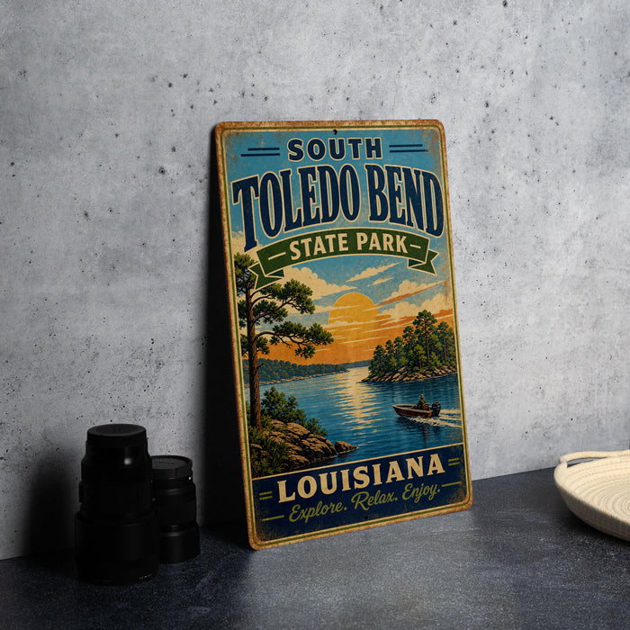A vintage-style metal sign for South Toledo Bend State Park in Louisiana, featuring a scenic landscape with a lake, trees, and a sunset.