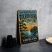 A vintage-style metal sign for South Toledo Bend State Park in Louisiana, featuring a scenic landscape with a lake, trees, and a sunset.