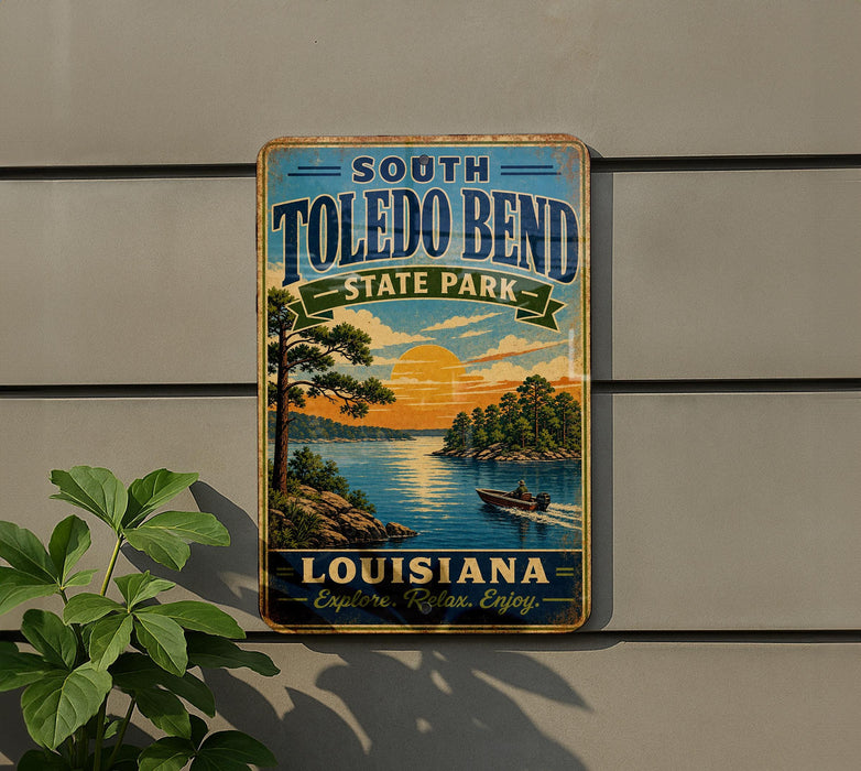 A vintage-style metal sign for South Toledo Bend State Park in Louisiana, featuring a scenic landscape with a lake, trees, and a boat on the water.