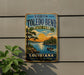 A vintage-style metal sign for South Toledo Bend State Park in Louisiana, featuring a scenic landscape with a lake, trees, and a boat on the water.