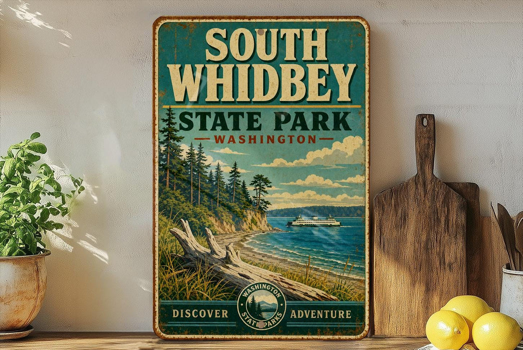 a vintage-style sign for South Whidbey State Park in Washington, with a scenic illustration of a coastal landscape and a boat on the water.