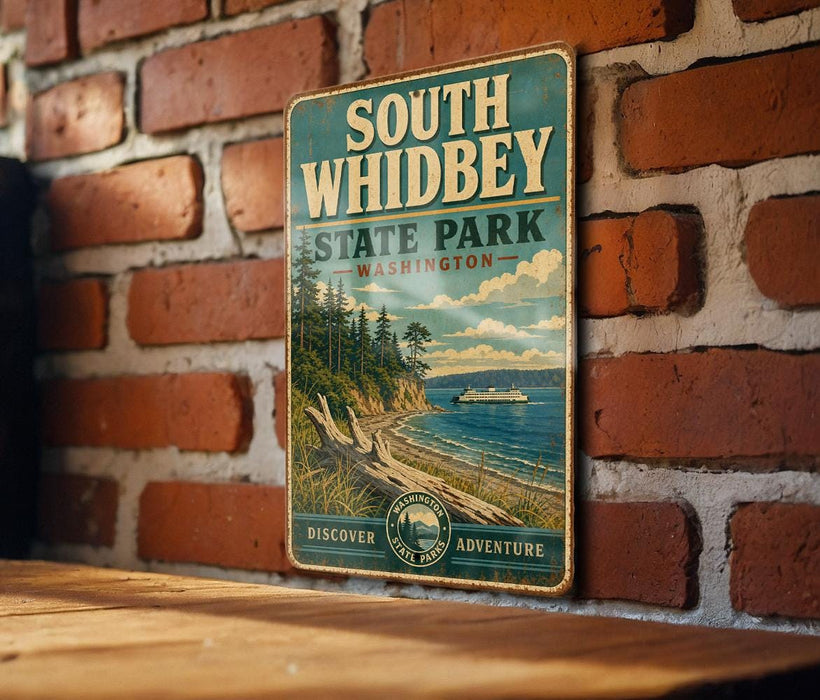 A vintage-style metal sign for South Whidbey State Park in Washington, featuring a scenic landscape with a boat on the water and a forested shoreline.