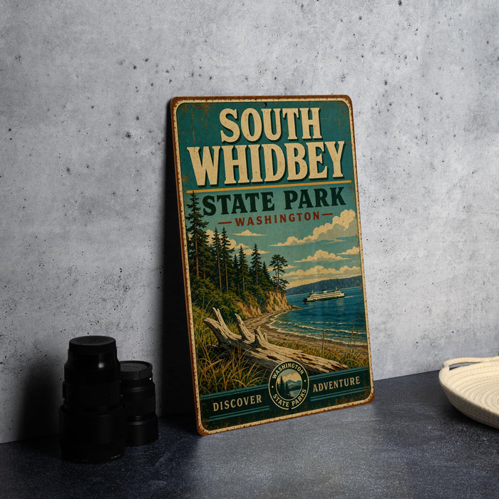 A vintage-style metal sign for South Whidbey State Park in Washington, featuring a scenic illustration of the park's landscape and a boat on the water.