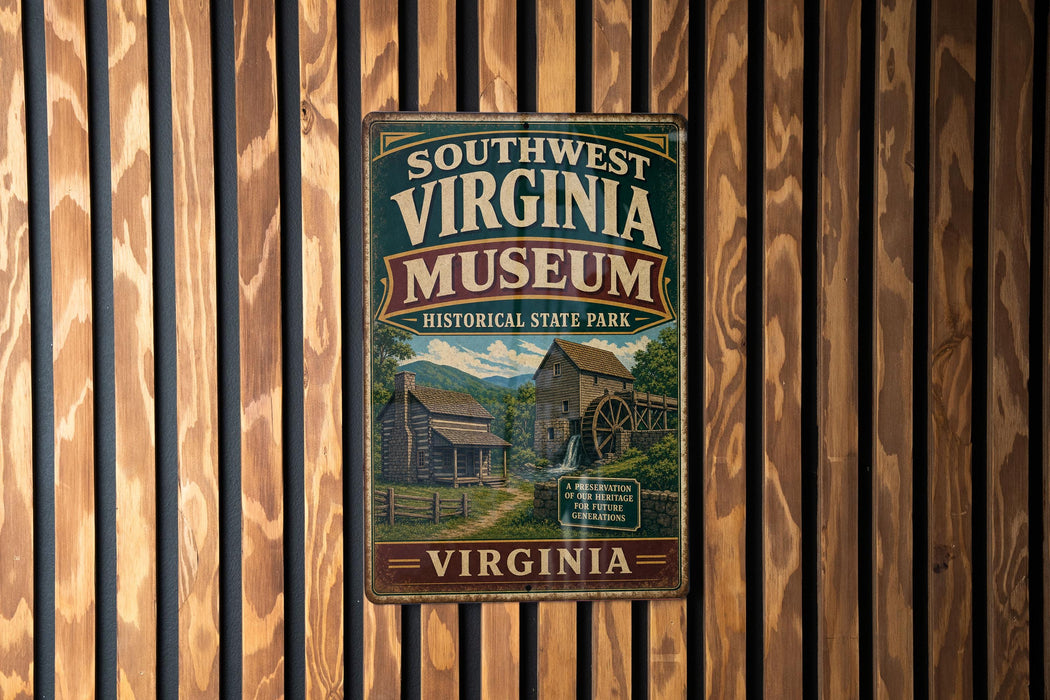 A vintage metal sign for the Southwest Virginia Museum, featuring a historical illustration of a log cabin and a watermill, mounted on a wooden wall.