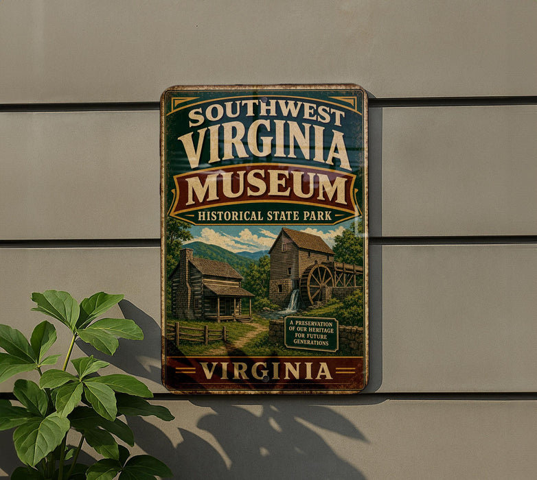 A vintage-style metal sign for the Southwest Virginia Museum, featuring a historical state park setting with a watermill and a cabin.