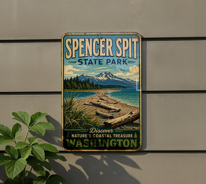 A vintage-style sign for Spencer Spit State Park, featuring a scenic landscape with a beach, mountains, and a pine forest.